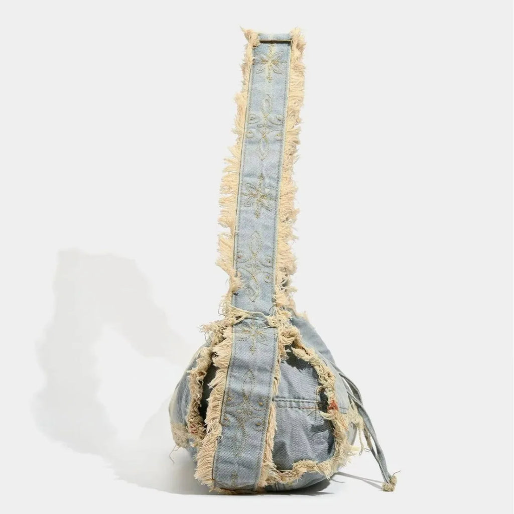 Fringe Baguette Denim Shoulder Bag