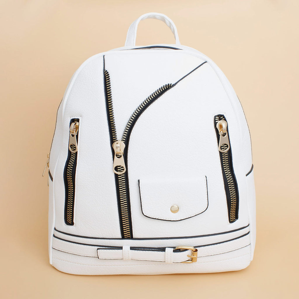 Women’s Medium Moto Backpack with White Zipper – Stylish Casual Bag