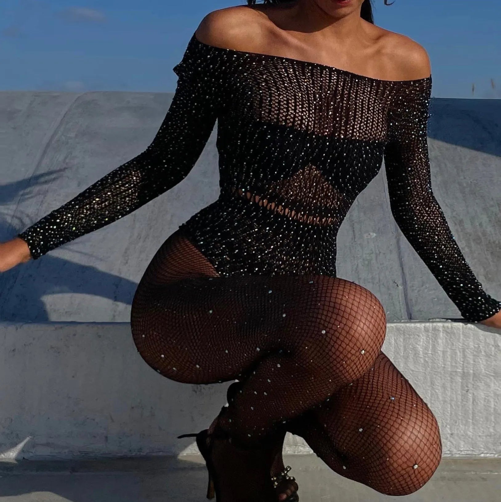Girl Talk Black Mesh Backless Bodysuit with Diamonds