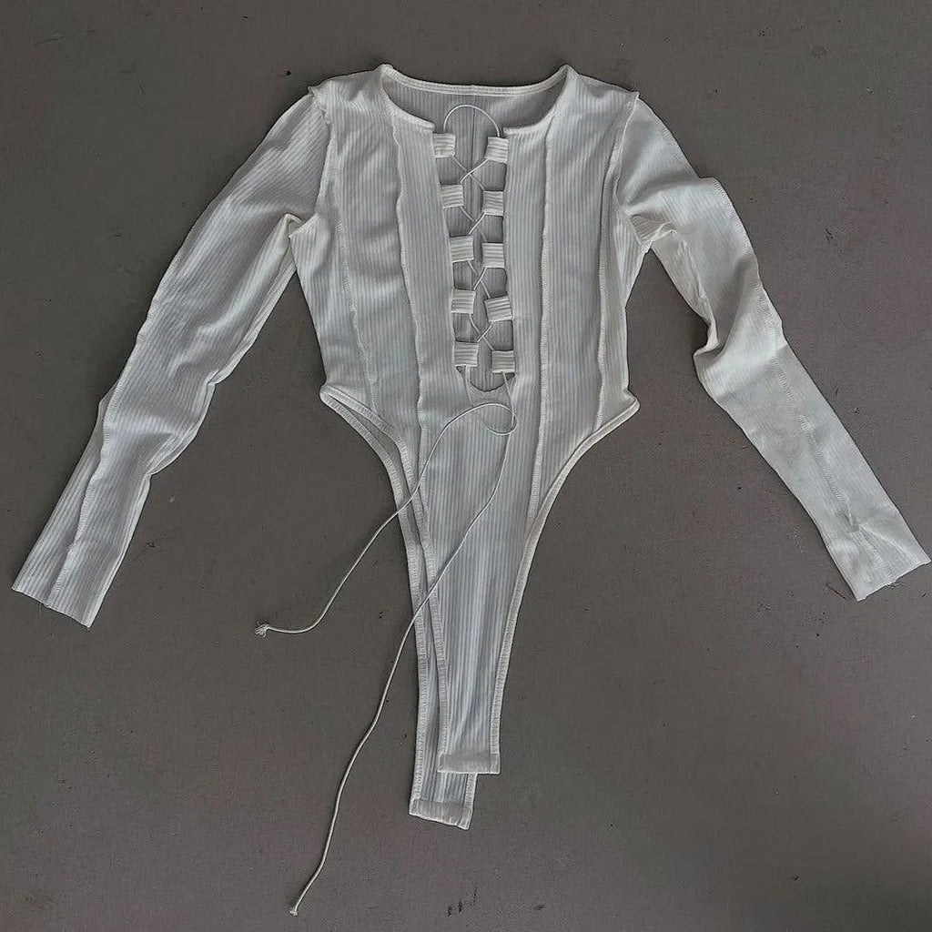 Girls Power White Ribbed Lace-Up Bodysuit