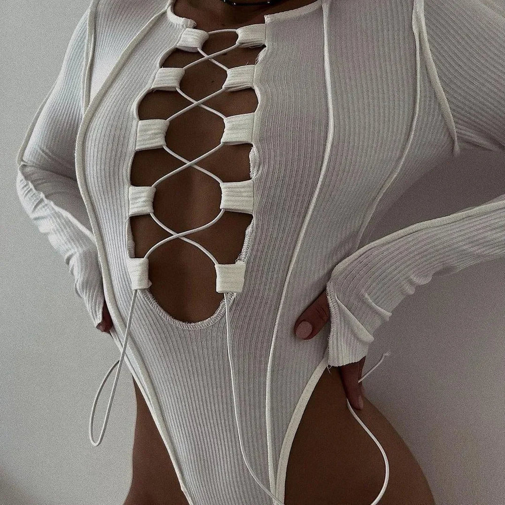 Girls Power White Ribbed Lace-Up Bodysuit