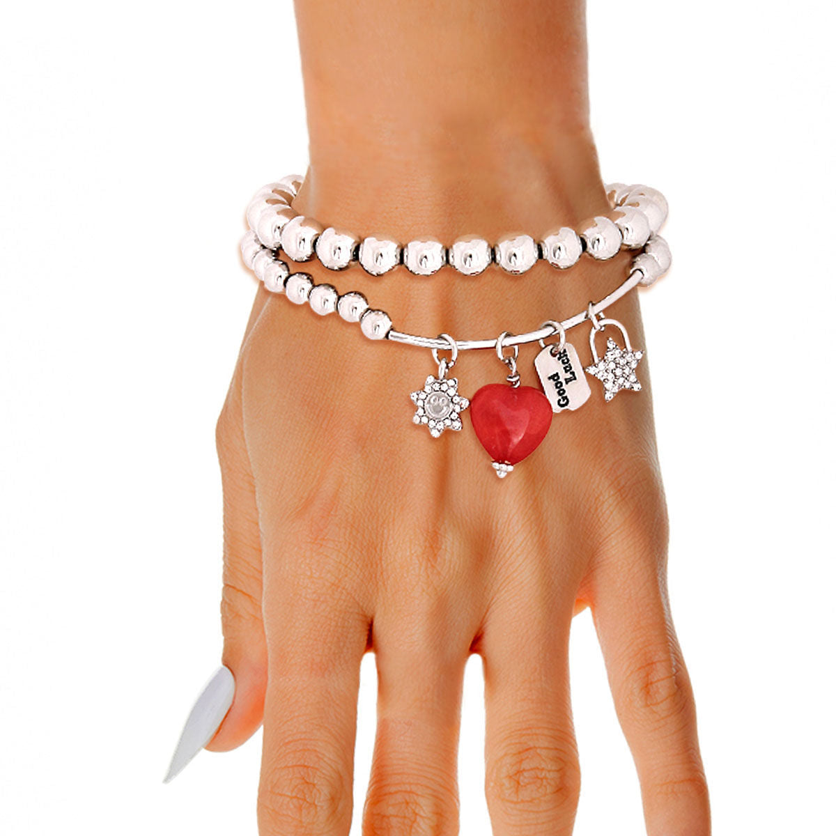 Charm Bracelets 2 Pcs Silver Bead Heart Stylish Trendy Accessories
