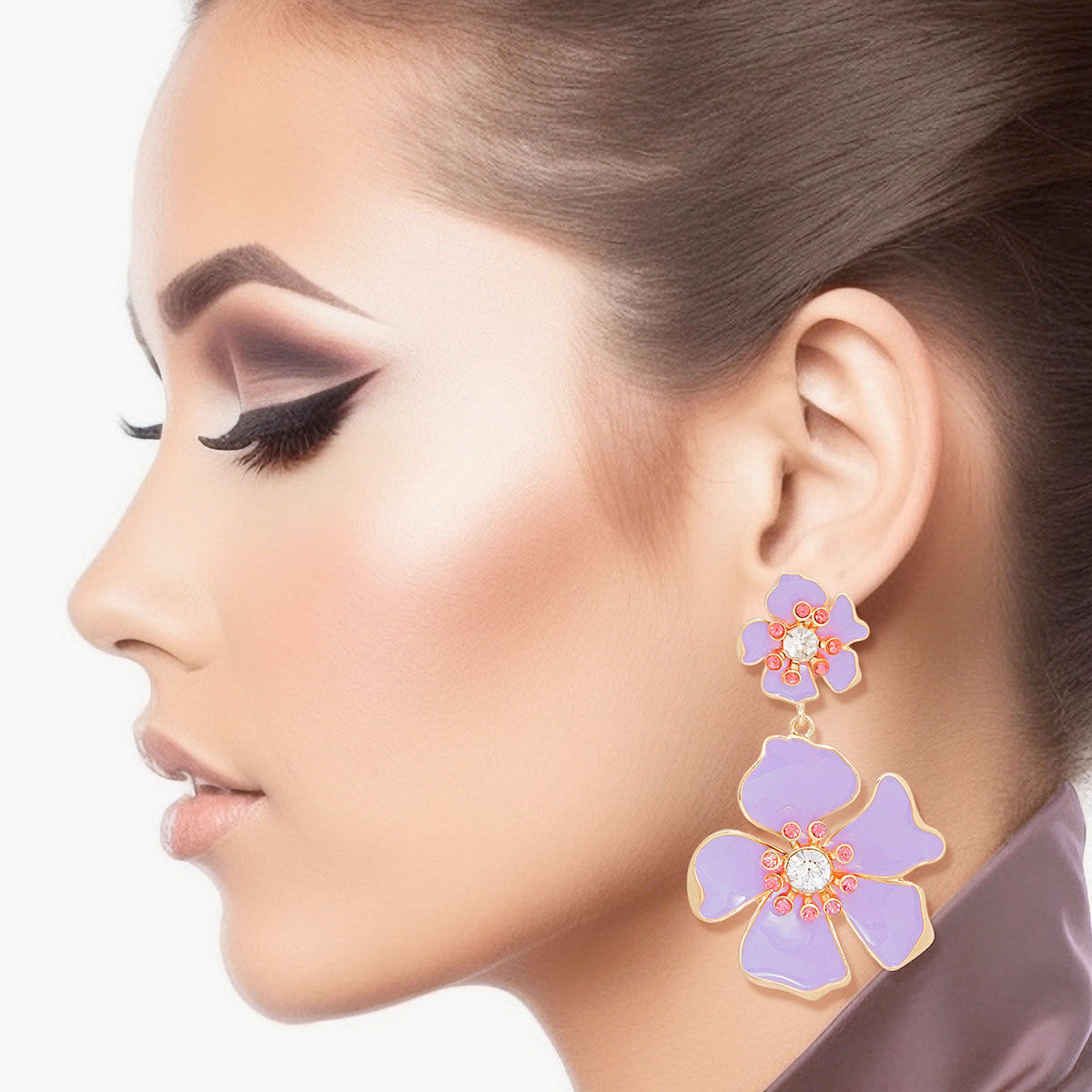 Tropical Flower Drop Earrings Lavender Gold Women’s Stylish Statement Jewelry