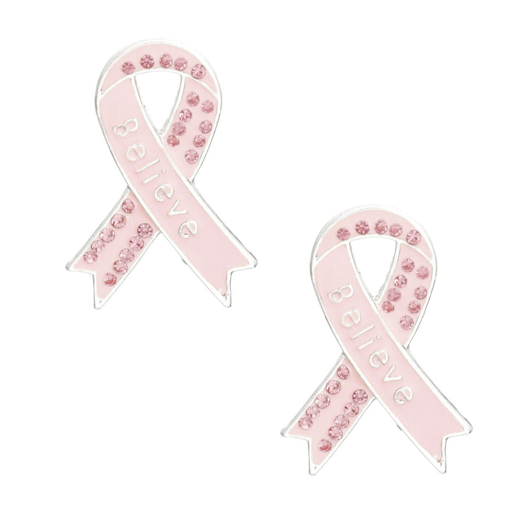 Silver Stud Earrings with Light Pink Ribbon Believe Detail – Stylish Fashion Jewelry
