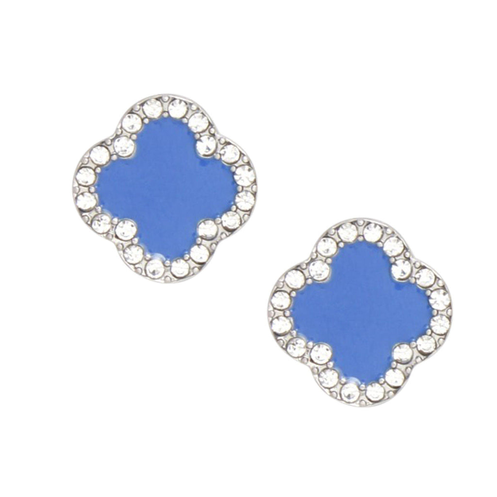 Rhinestone Clover Stud Earrings Blue Silver Stylish Fashion Jewelry