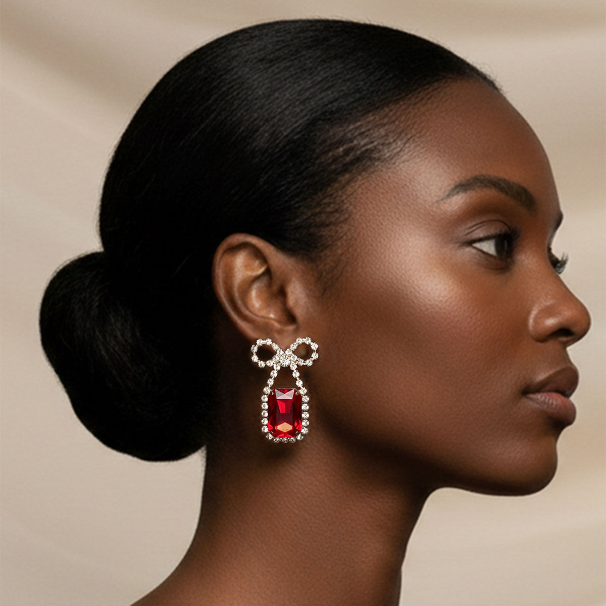 Bow Dangle Earrings Red Crystal Sparkle Date Night Statement Jewelry