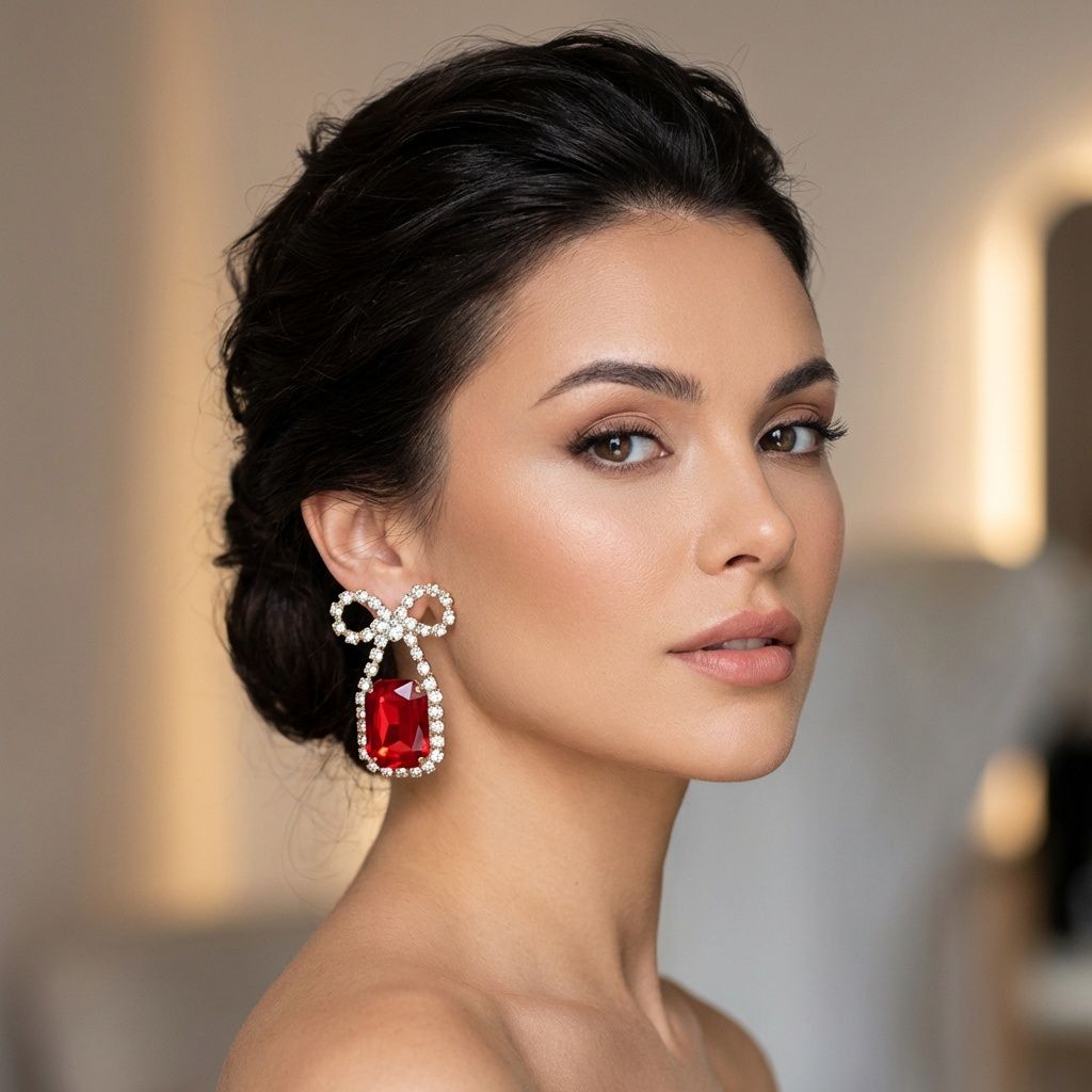 Bow Dangle Earrings Red Crystal Sparkle Date Night Statement Jewelry