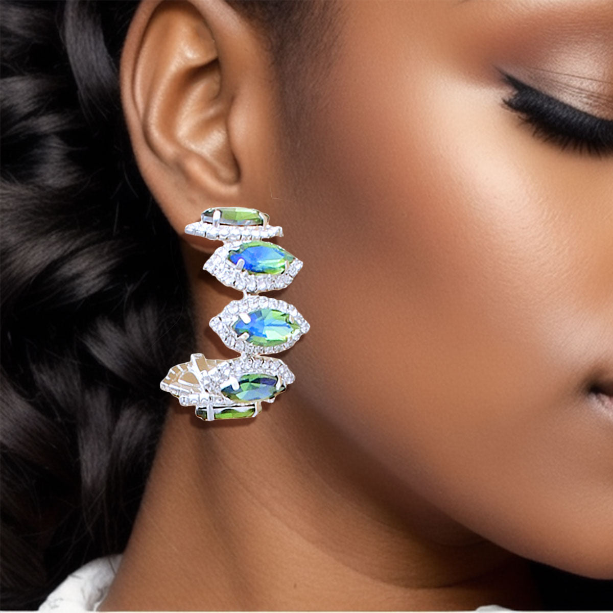 Statement Crystal Hoop Earrings Marquise Shape in Brilliant Green