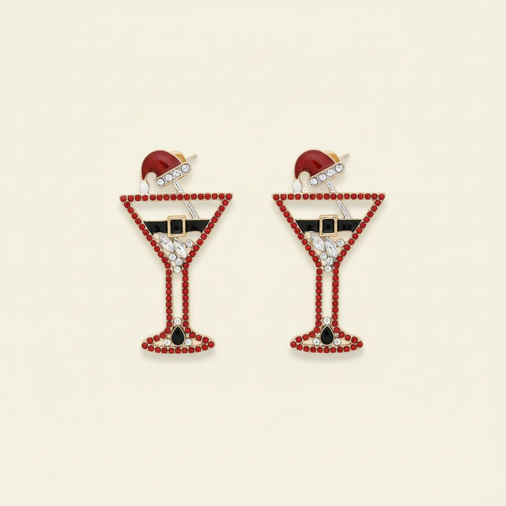 Silver Stud Earrings Red Martini Santa Tipsy Xmas Trendy Jewelry