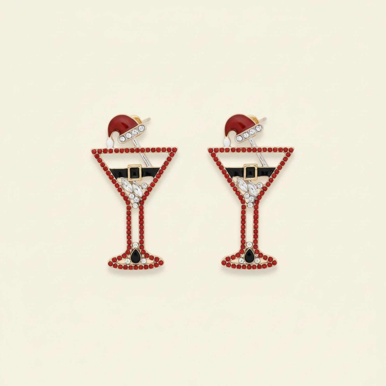 Silver Stud Earrings Red Tipsy Santa Martini Christmas Statement Jewelry