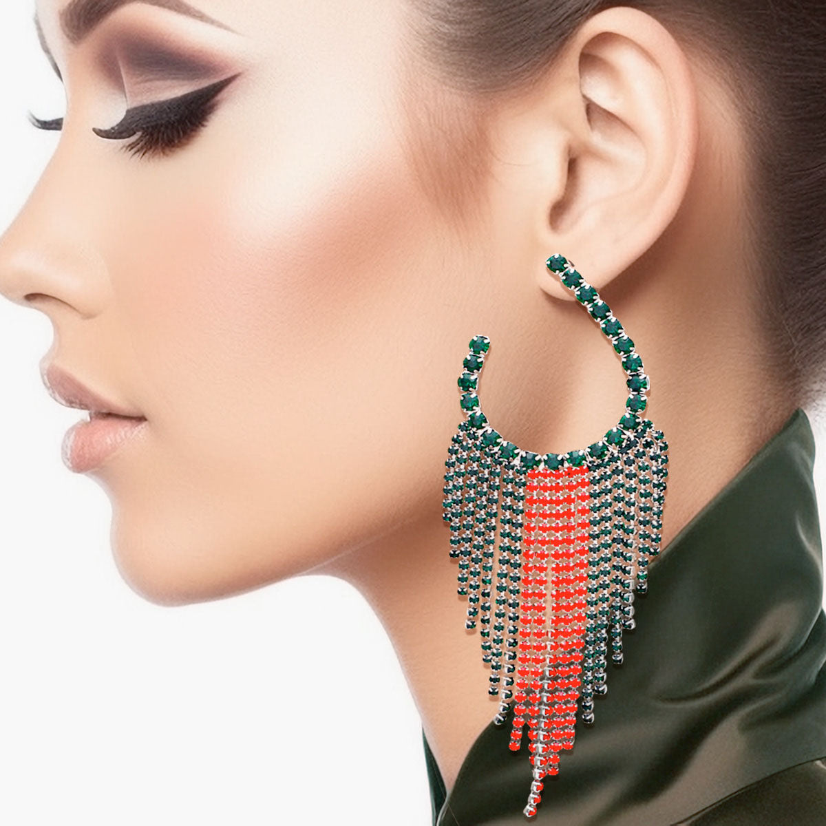 Long Horseshoe Earrings with Red and Green Fringe for Women – Stylish Statement Jewelry