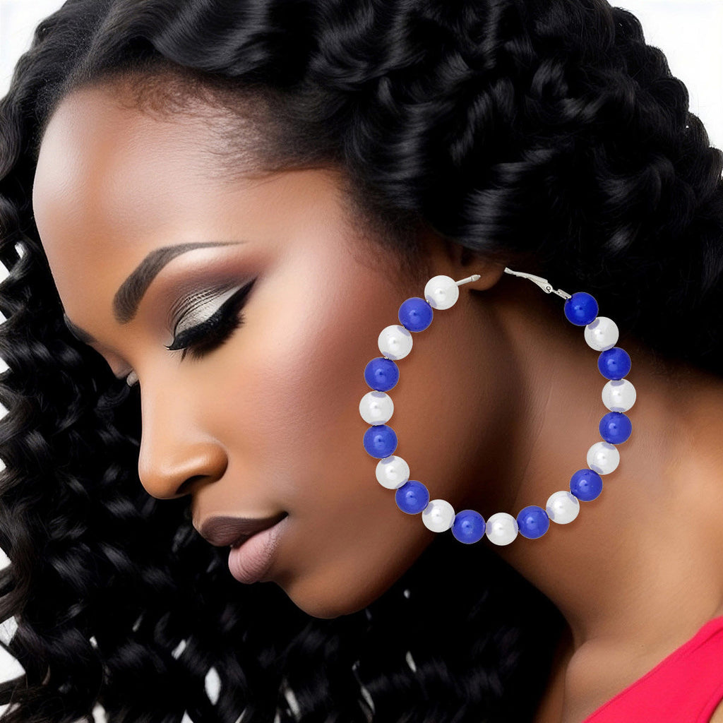 Women’s Pearl Hoop Earrings Blue and White Sorority Stylish Statement Jewelry
