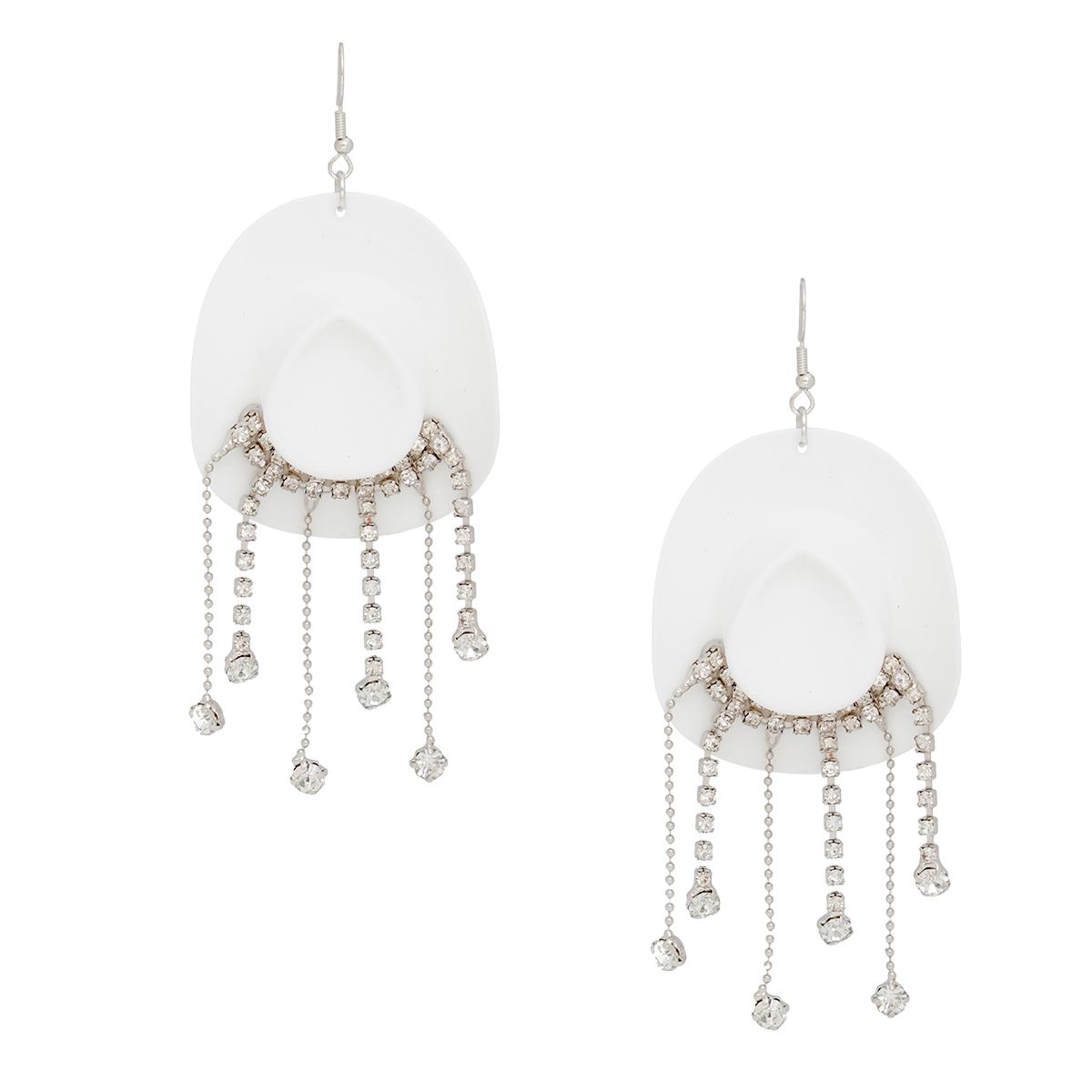 Fringe White Cowgirl Hat Earrings Fish Hook Stylish Statement Jewelry