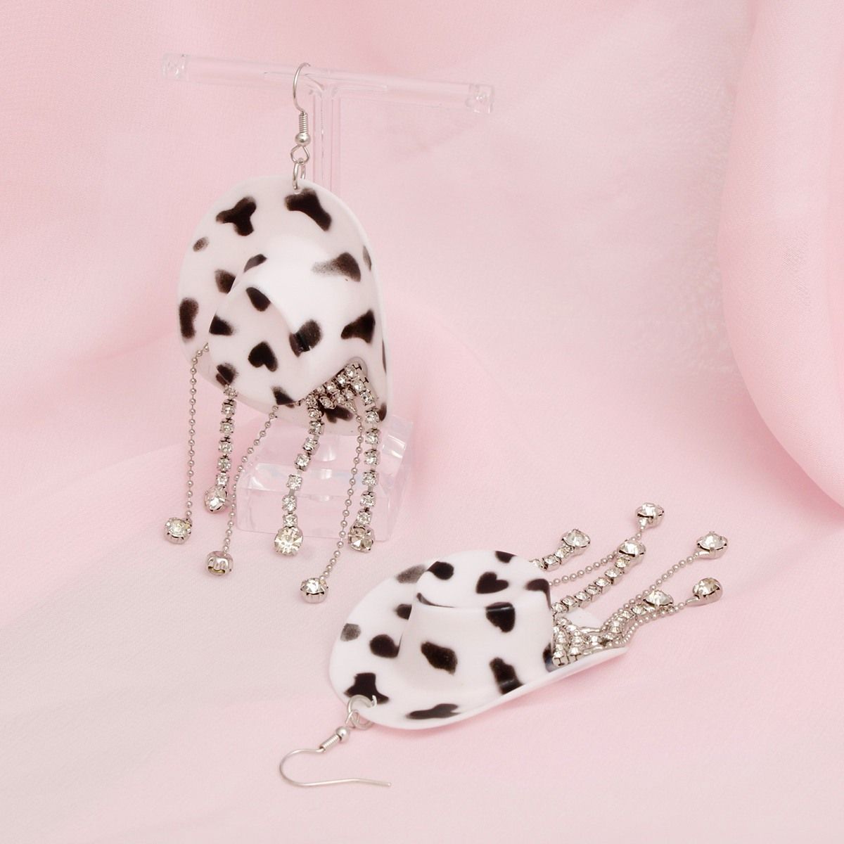 Fringe Cowgirl Hat Earrings with Fish Hook in White and Black – Stylish Statement Jewelry