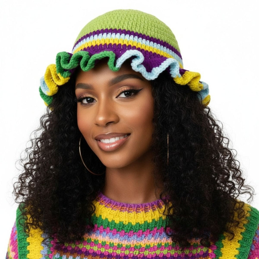 Women’s Crochet Bucket Hat Multicolor Ruffle Mardi Gras Stylish Accessory
