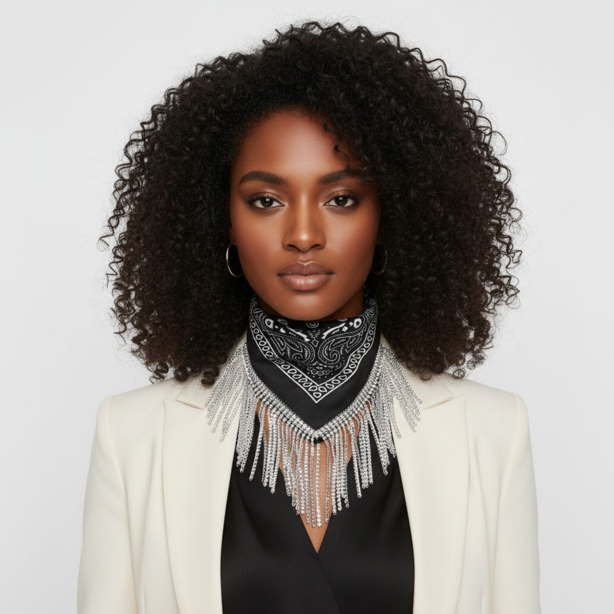 Statement Necklace Black Bandana Bling Fringe Stylish Accessory