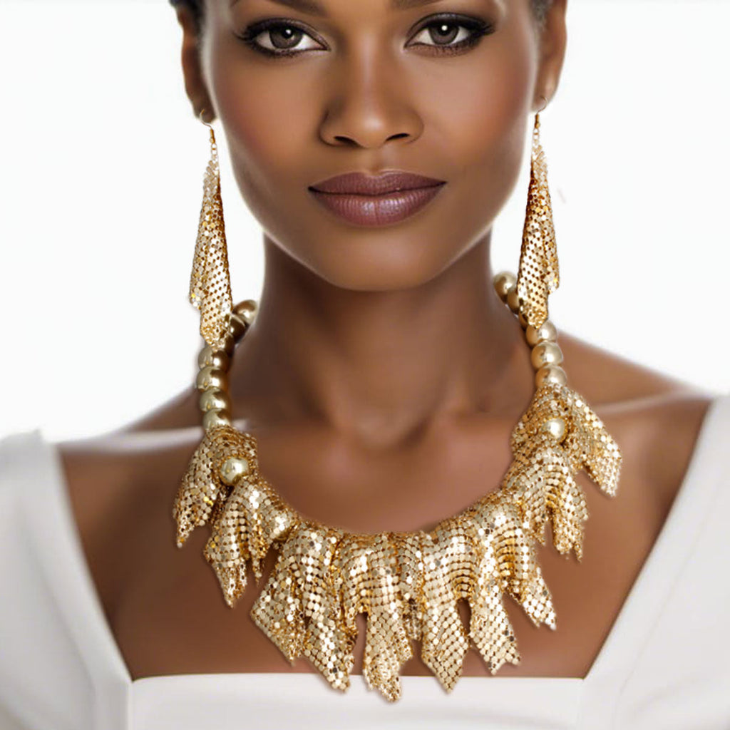 Statement Necklace with Gold Ball and Mesh Detail, Trendy Chic Jewelry Accessory