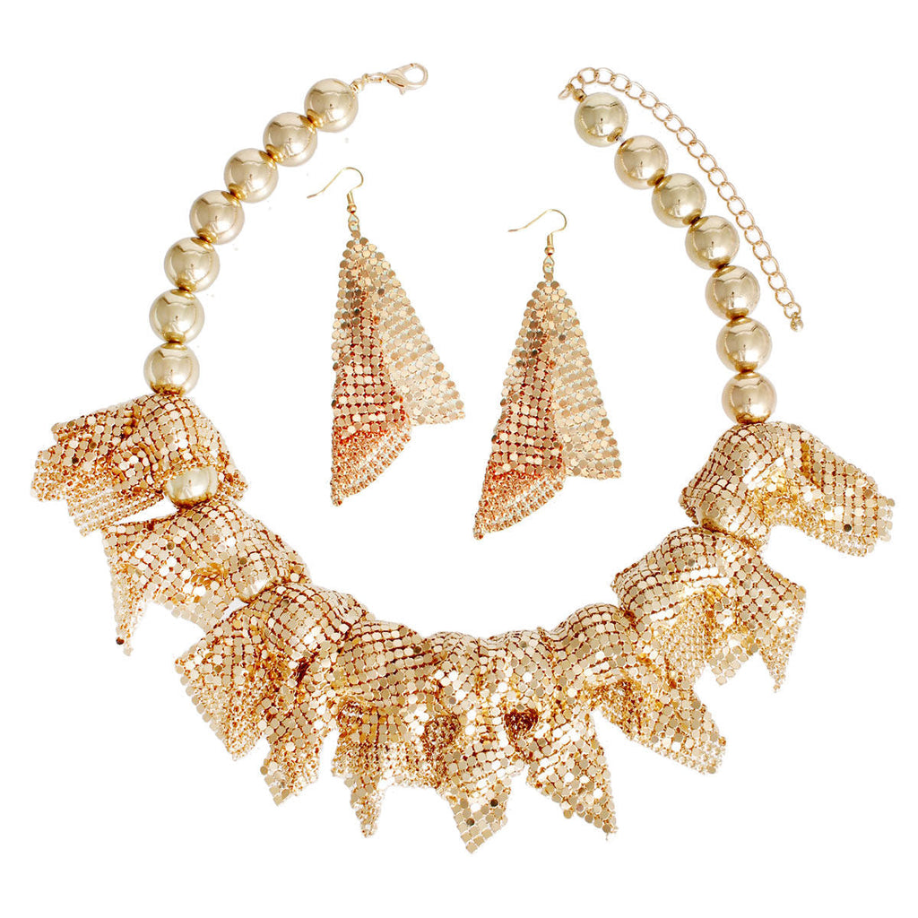 Statement Necklace with Gold Ball and Mesh Detail, Trendy Chic Jewelry Accessory