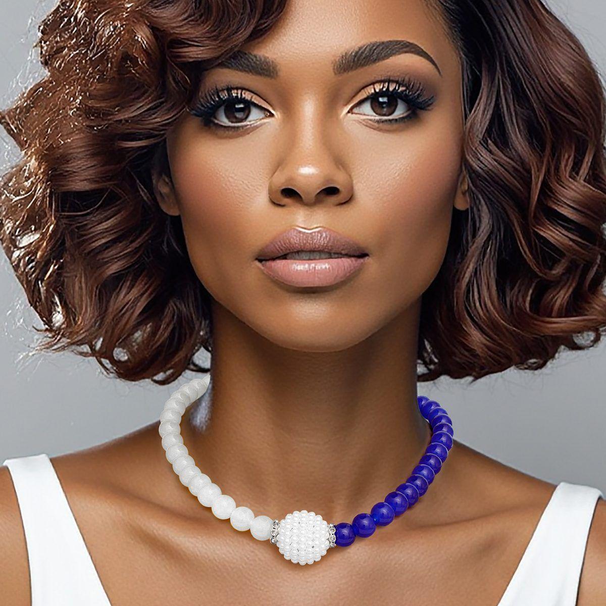 ZPB Sorority Blue White Pearl Glass Bead Necklace