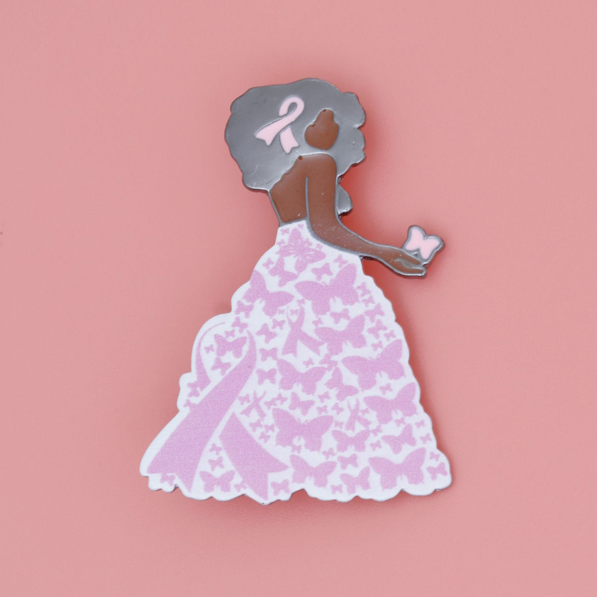 Stylish Hematite Butterfly Pin Brooch with Light Pink Ribbon Accent