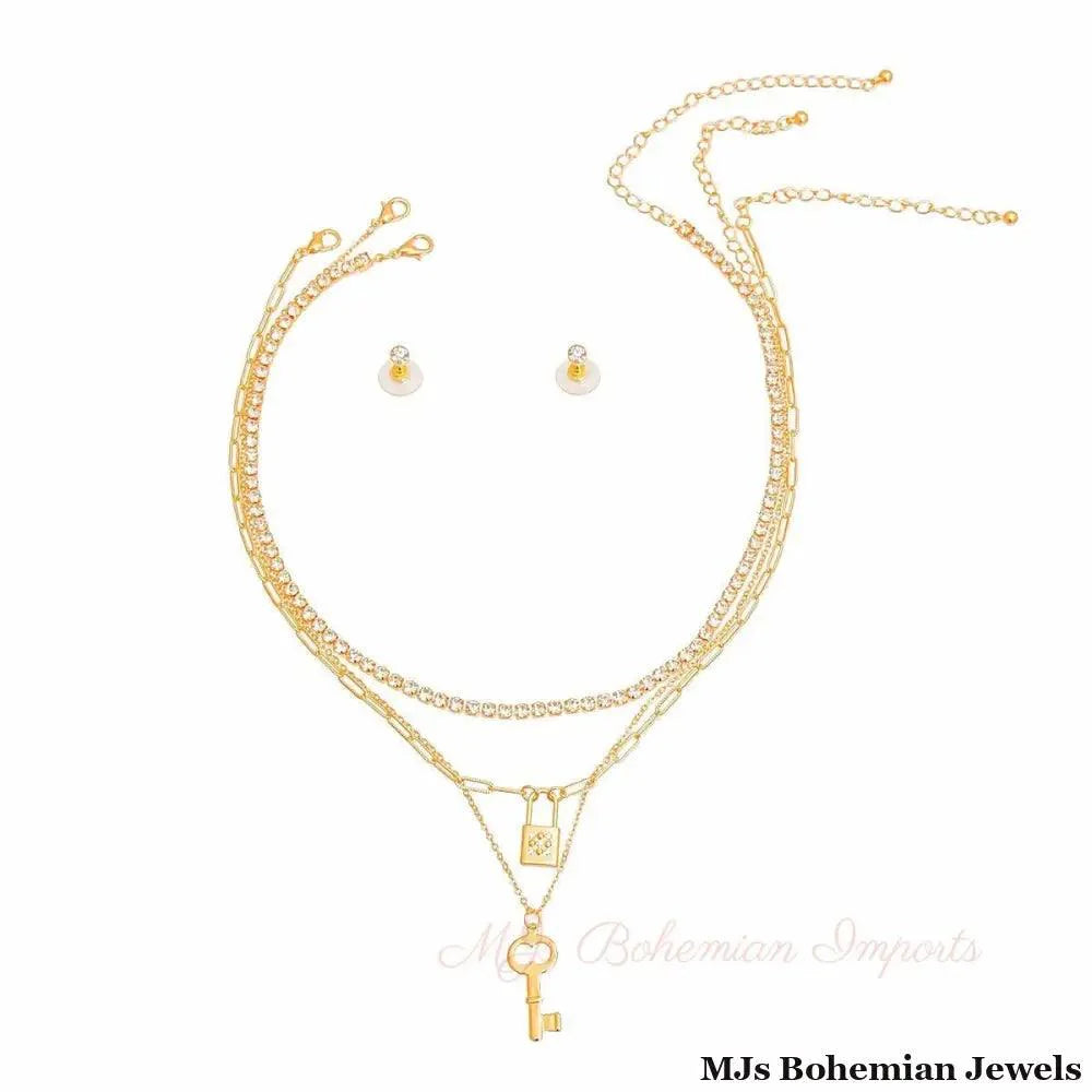 Gold 3 Layer Lock and Key Necklace