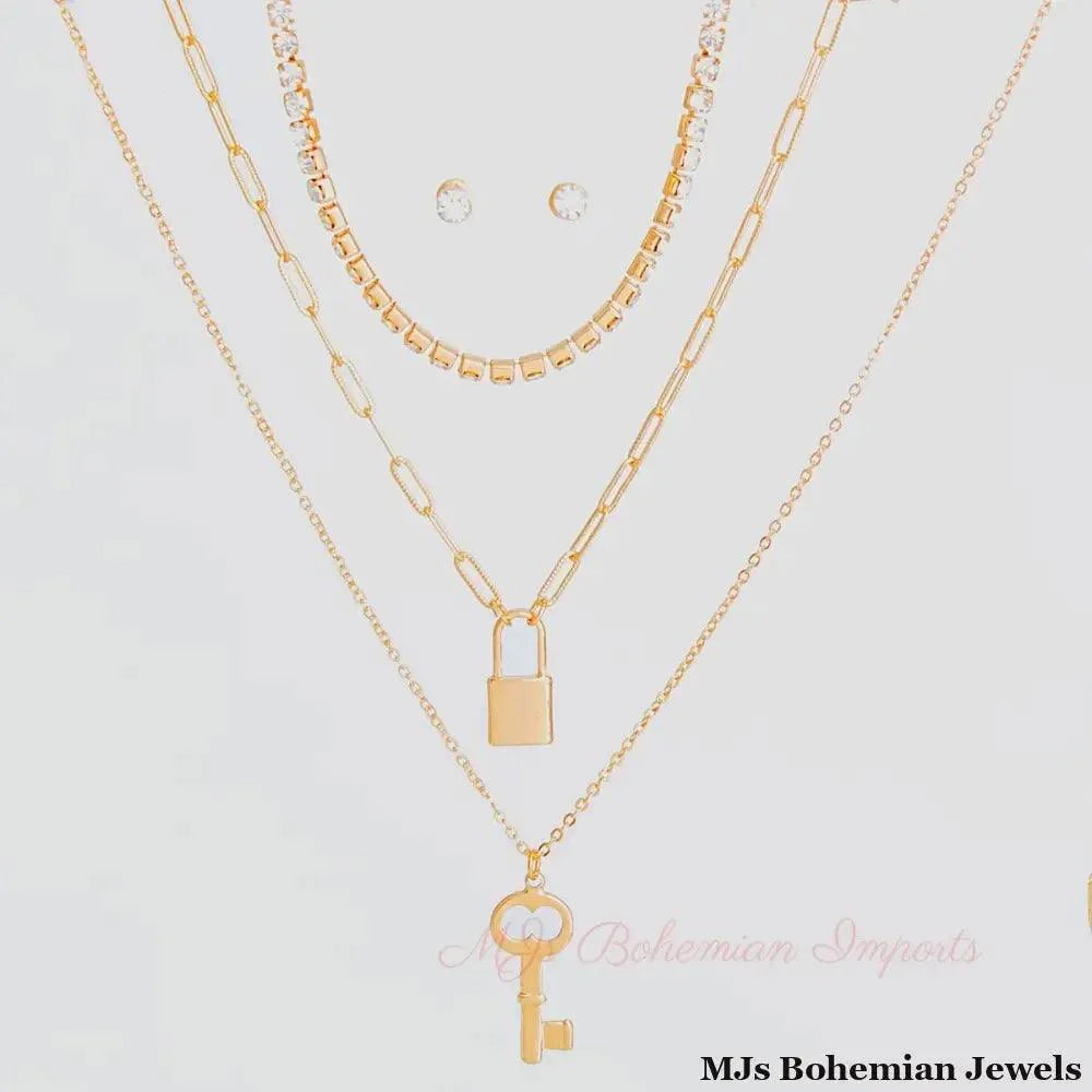Gold 3 Layer Lock and Key Necklace