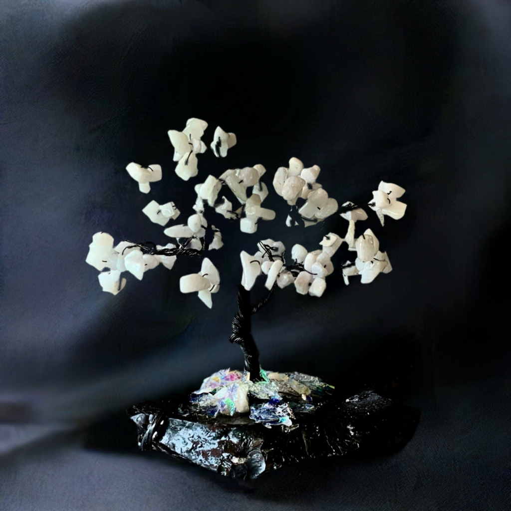Joy- Handmade White Jade 5" Mini Gemstone Tree Sculpture Mounted on Raw Obsidian
