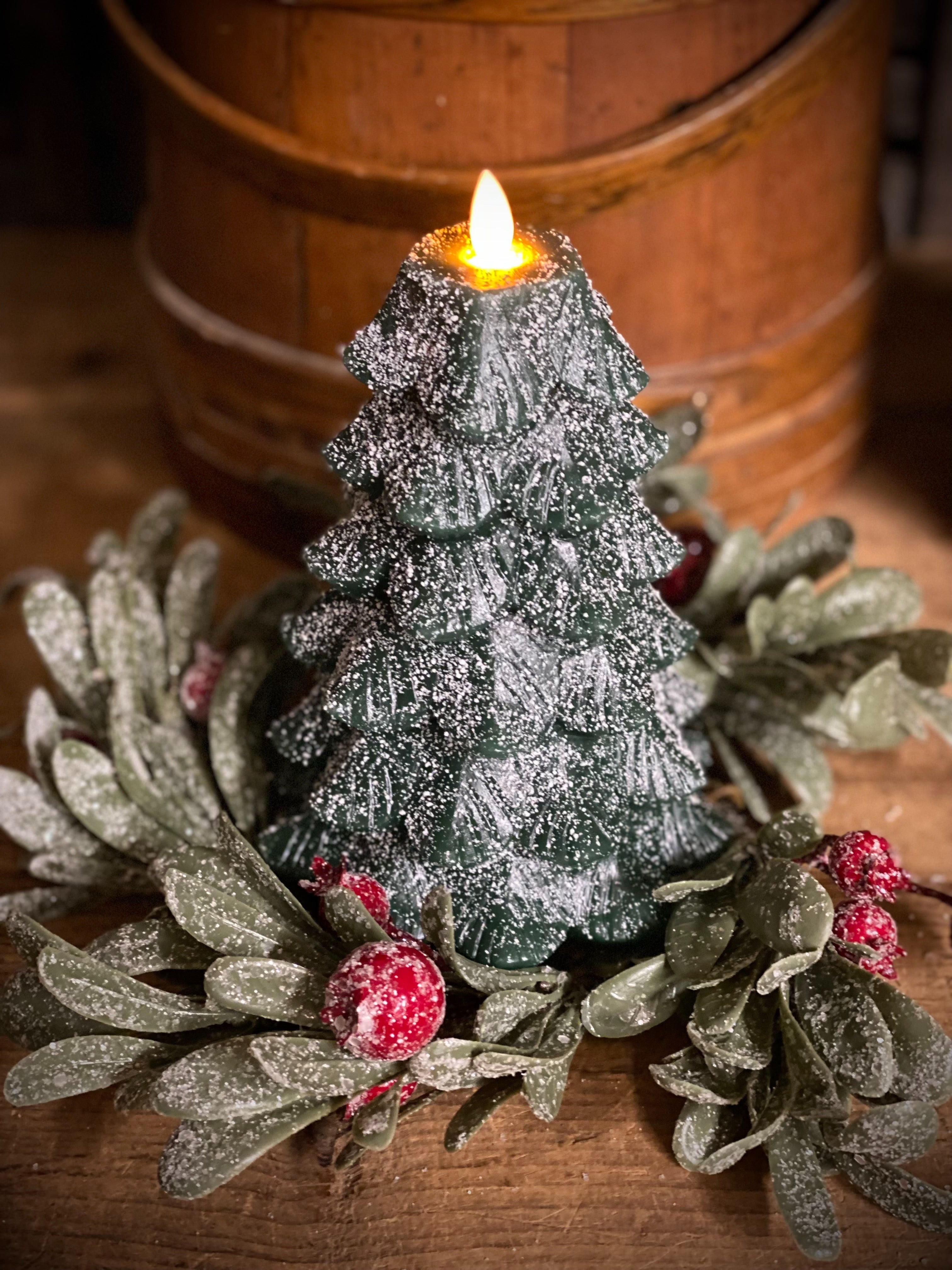Green Glitter Christmas Tree LED Moving Flame Candle