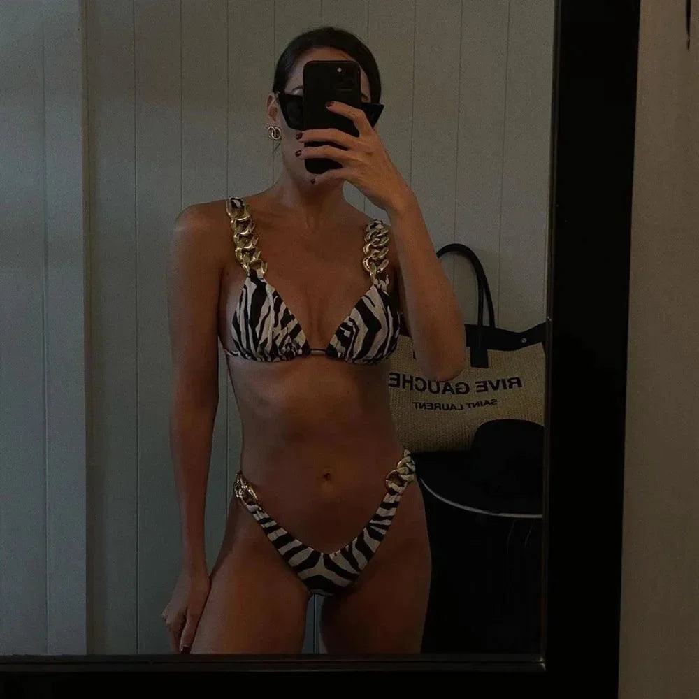 Hideaway Zebra Print Bikini with Oversized Chain Embellishment
