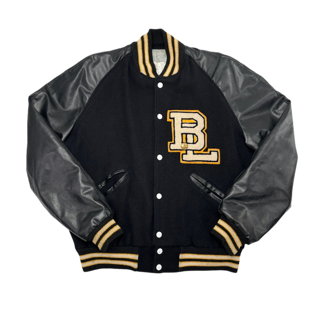 Howe's Men's Vintage Black and Gold Varsity Jacket - Size 40 (Medium)