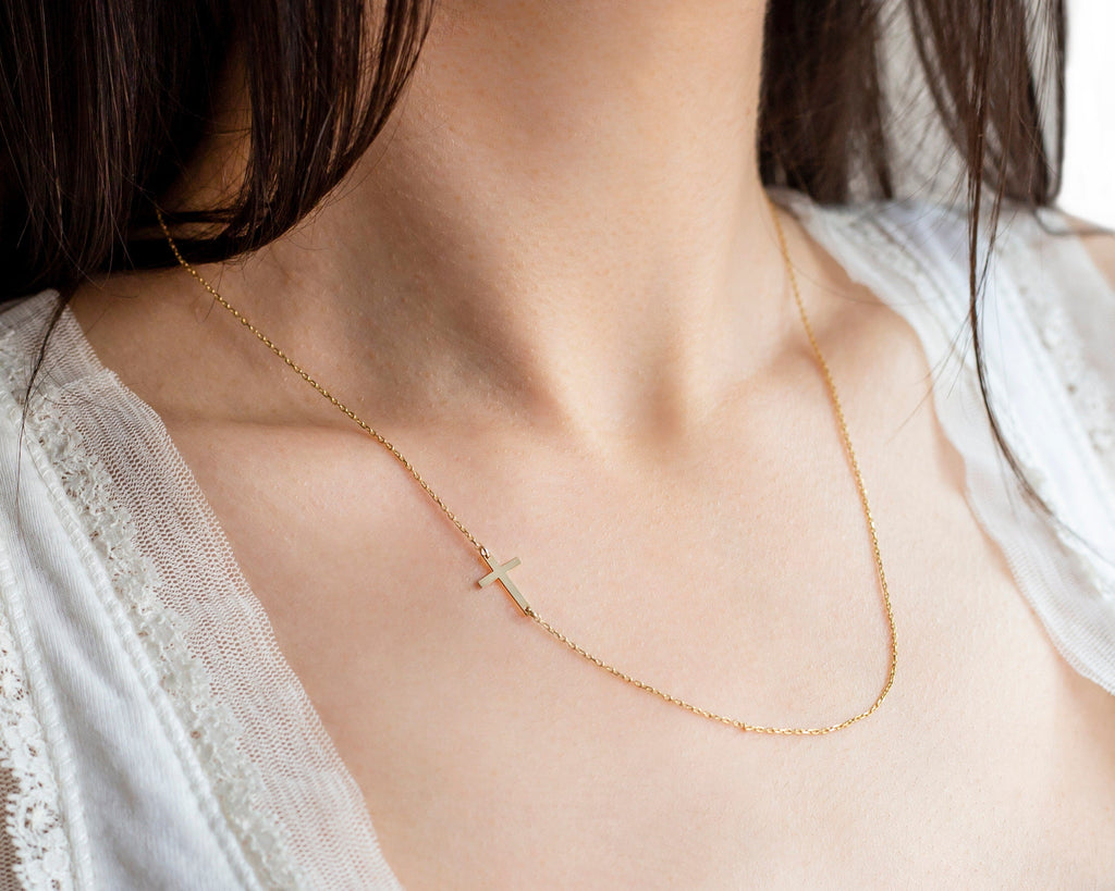 14K Gold Inspirational Sideways Cross Necklace - A Unique Symbol of Faith