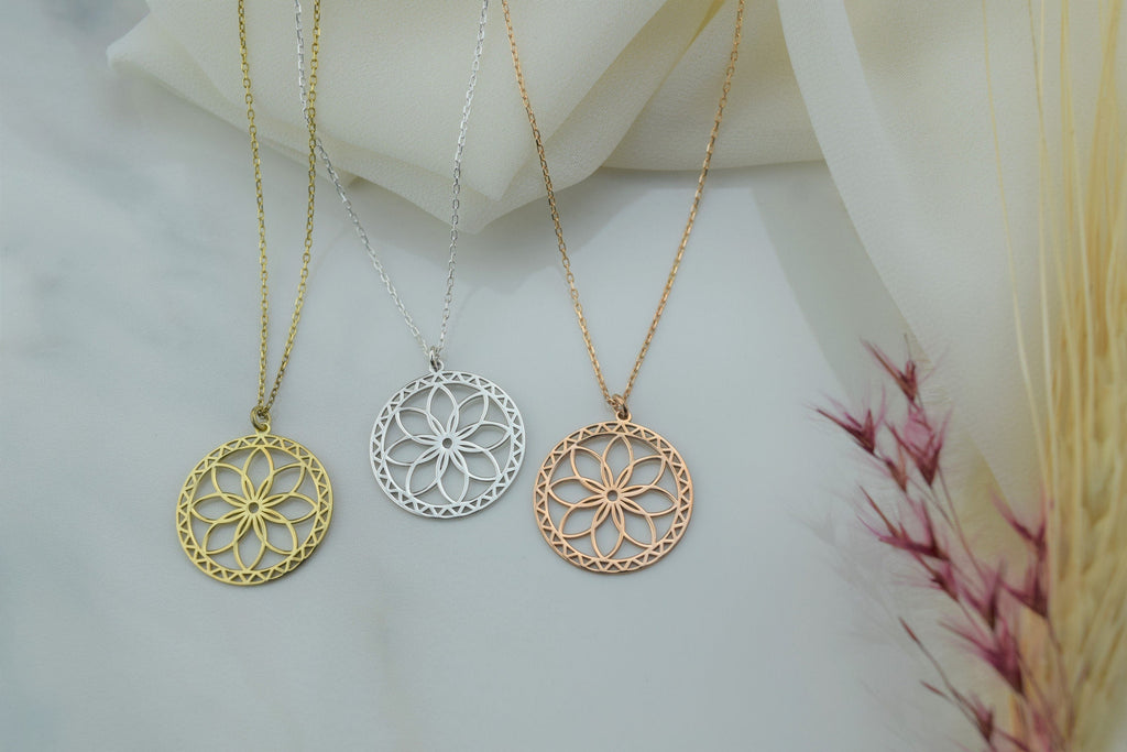 Mandala Necklace - Gold Sacred Geometry Seed of Life - Spiritual Jewelry for Yoga Lovers in Sterling Silver, Rose, and Gold