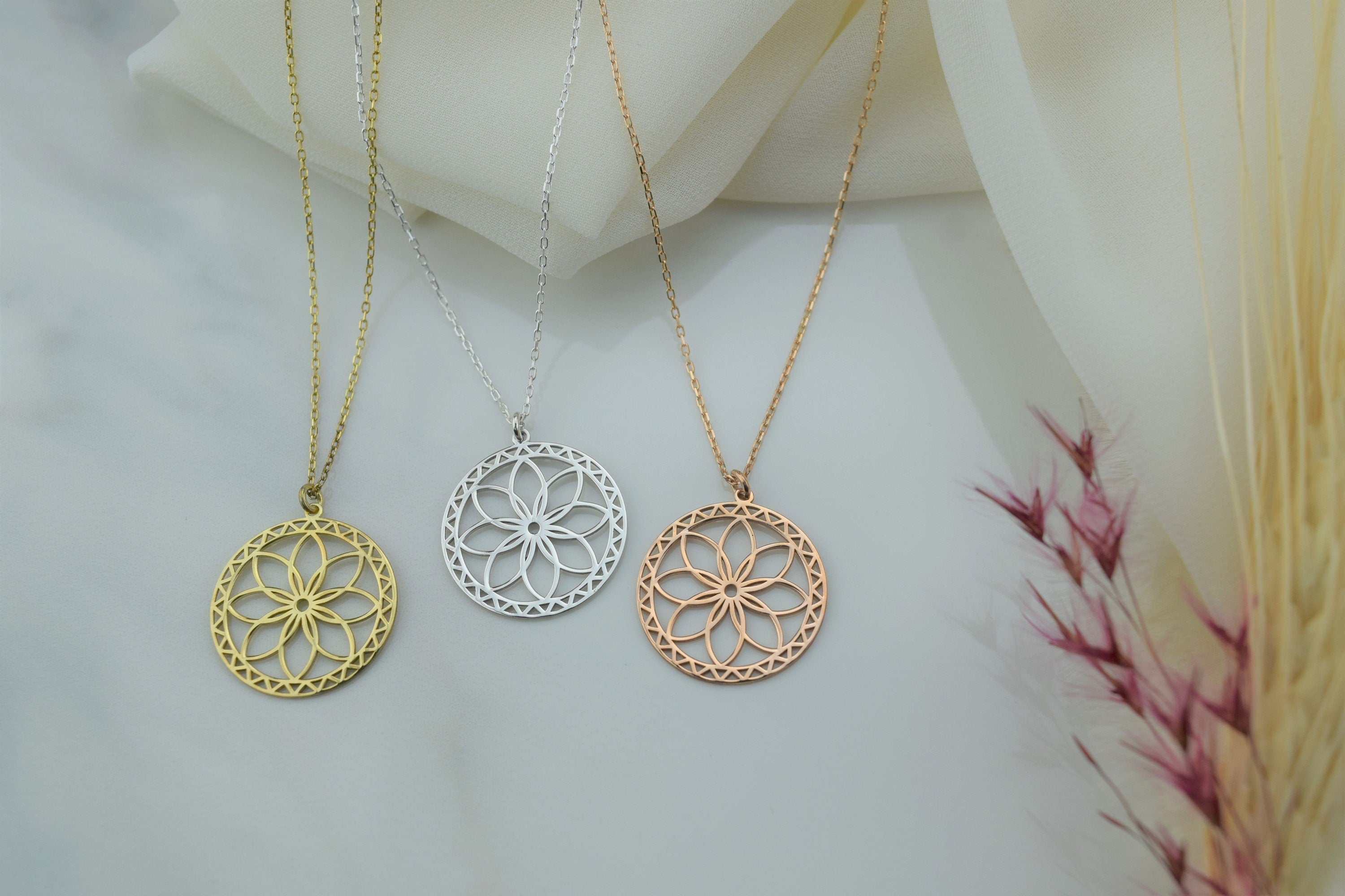 Mandala Necklace - Gold Sacred Geometry Seed of Life - Spiritual Jewelry for Yoga Lovers in Sterling Silver, Rose, and Gold