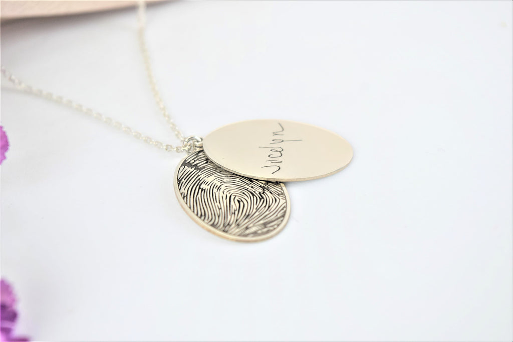 Personalized Fingerprint & Handwriting Keepsake Necklace | Custom Oval Memorial in Sterling Silver, Gold, Rose