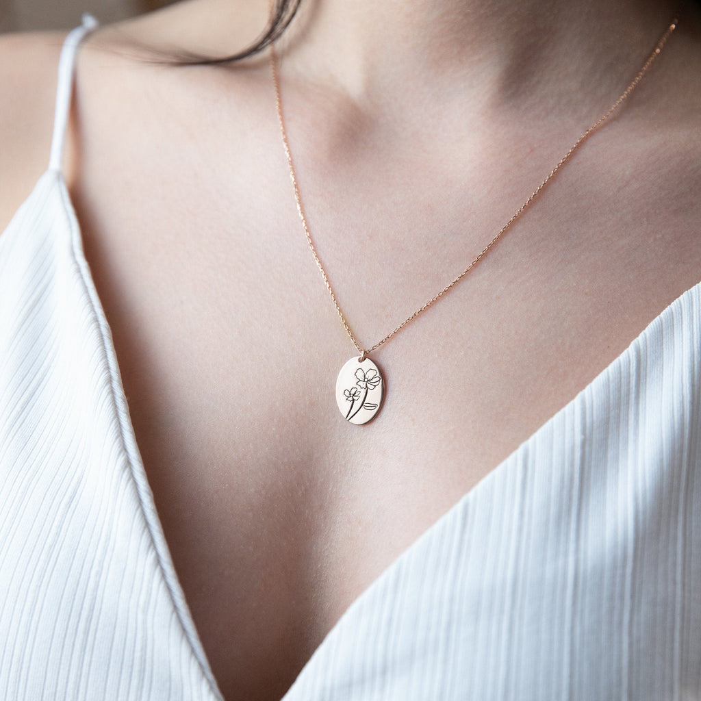 Silver Birth Flower Necklace | Handwritten Engraving | Minimalist Floral Jewelry for Women