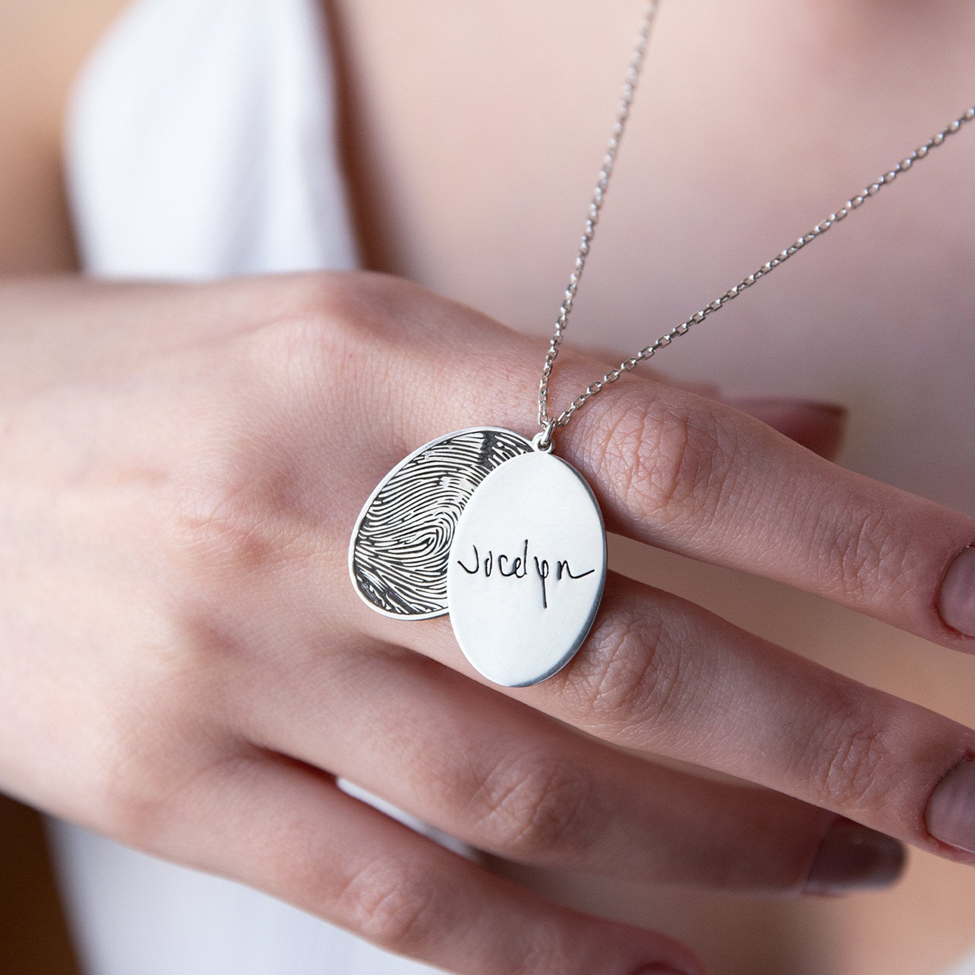 Personalized Fingerprint & Handwriting Keepsake Necklace | Custom Oval Memorial in Sterling Silver, Gold, Rose