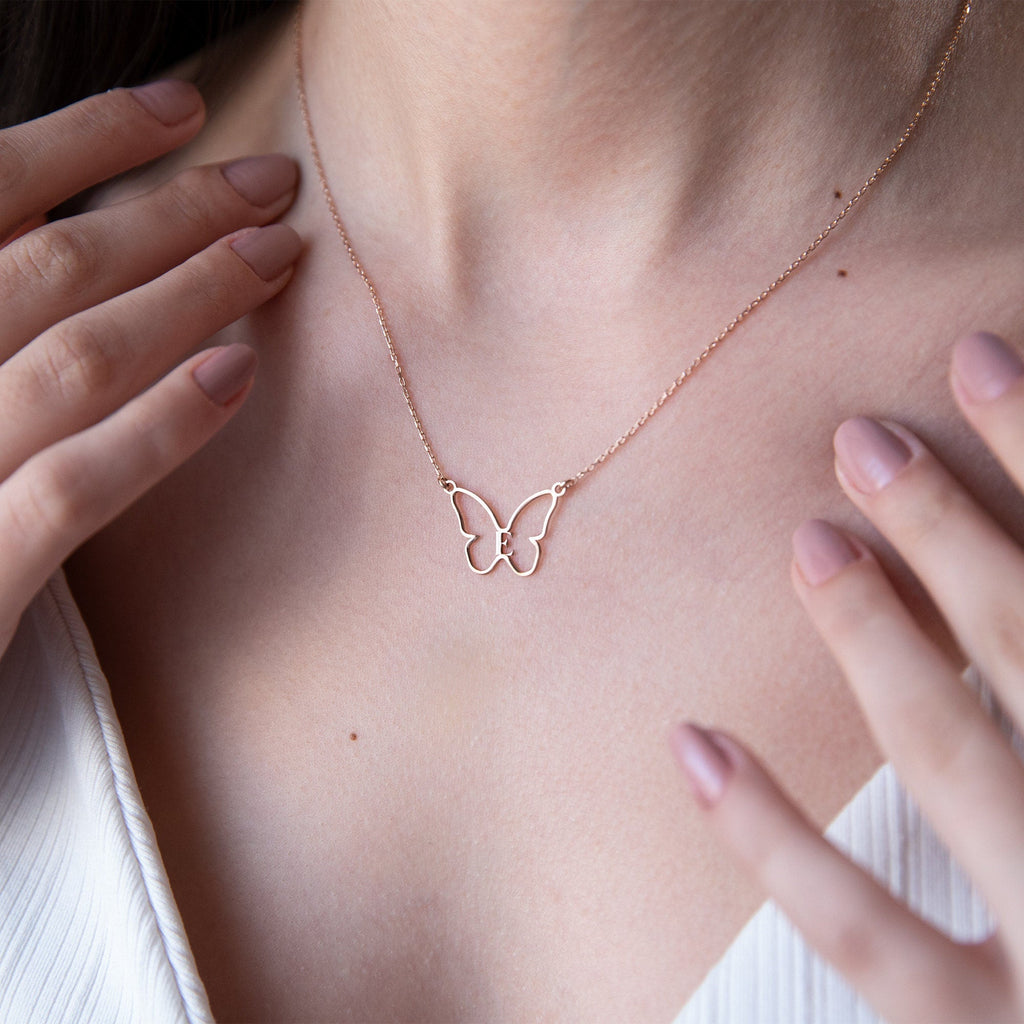Personalized Butterfly Necklace - Custom Initial Jewelry with Birthstone in Silver, Gold & Rose Gold