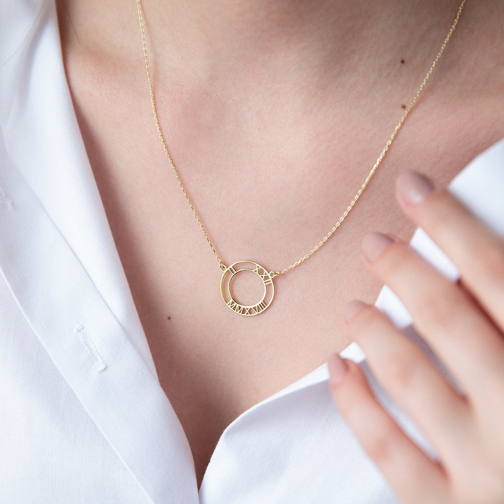 Silver & Stone Roman Numerals Necklace | Custom Date Gift for Moms & Weddings | Unique Personalized Jewelry