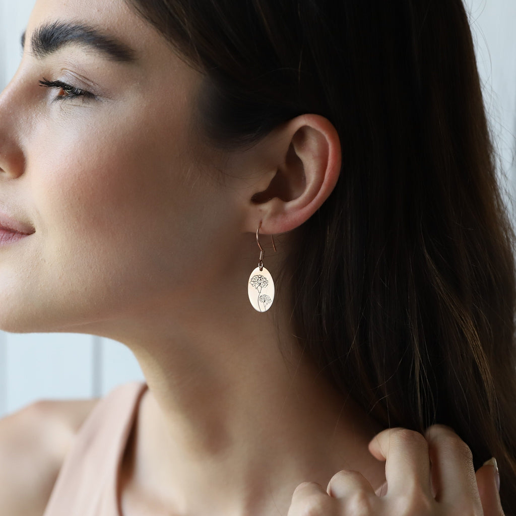Dainty Dangle Birth Flower Earrings | 14K Rose Gold Floral Charms | Personalized Handmade Jewelry