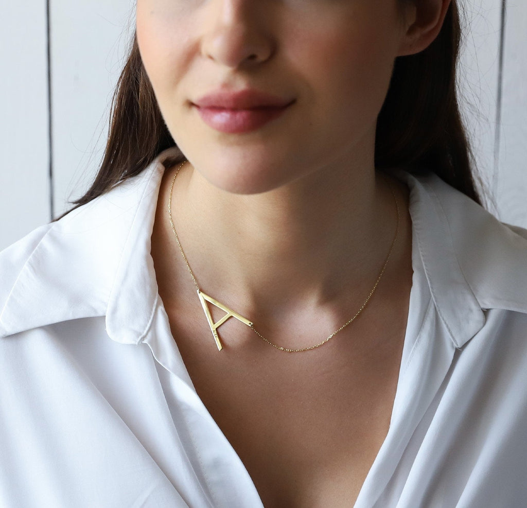 Gold & Grace Sideways 8K Gold Initial Necklace - Personalized Large Letter with Birthstone Charm