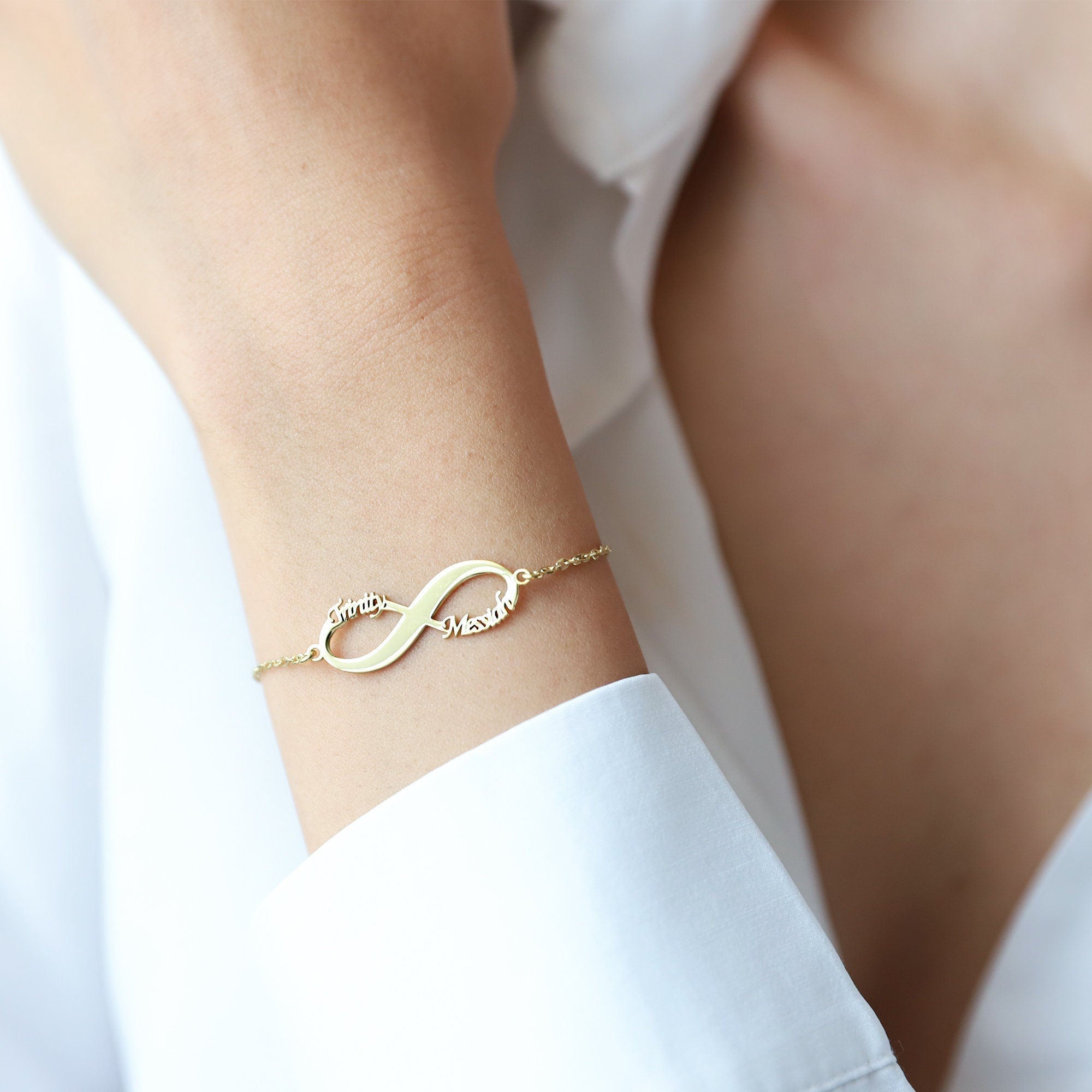 Personalized Silver Infinity Bracelet with Names - Handmade Women's Custom Ankle Jewelry