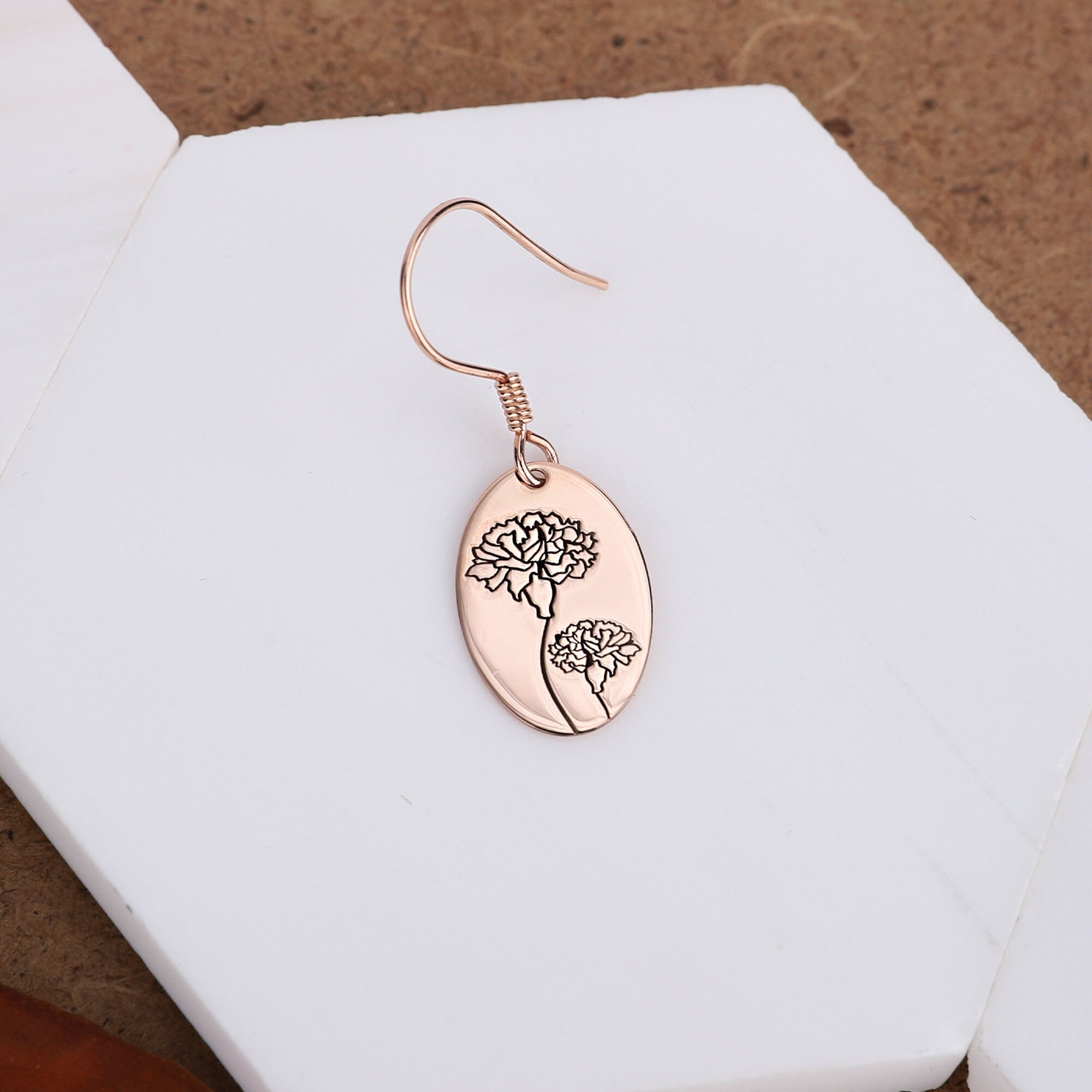 Dainty Dangle Birth Flower Earrings | 14K Rose Gold Floral Charms | Personalized Handmade Jewelry