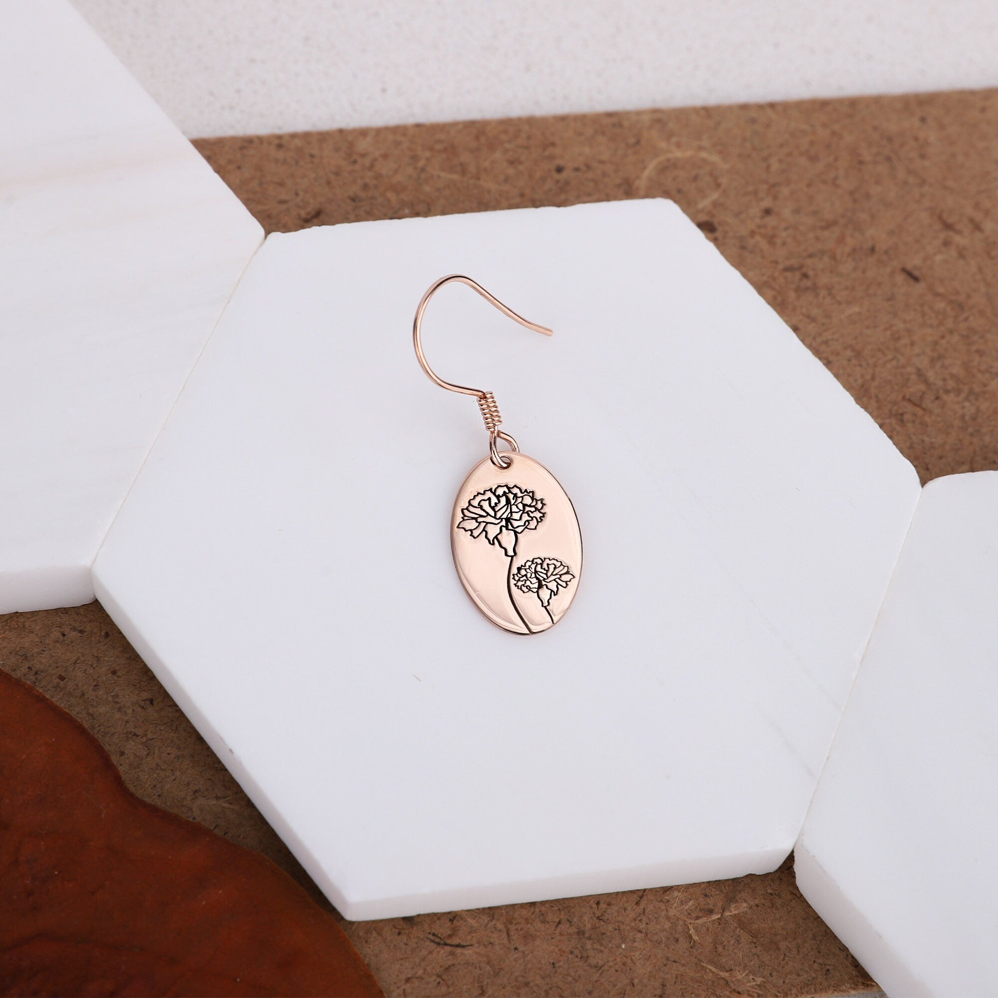 Dainty Dangle Birth Flower Earrings | 14K Rose Gold Floral Charms | Personalized Handmade Jewelry