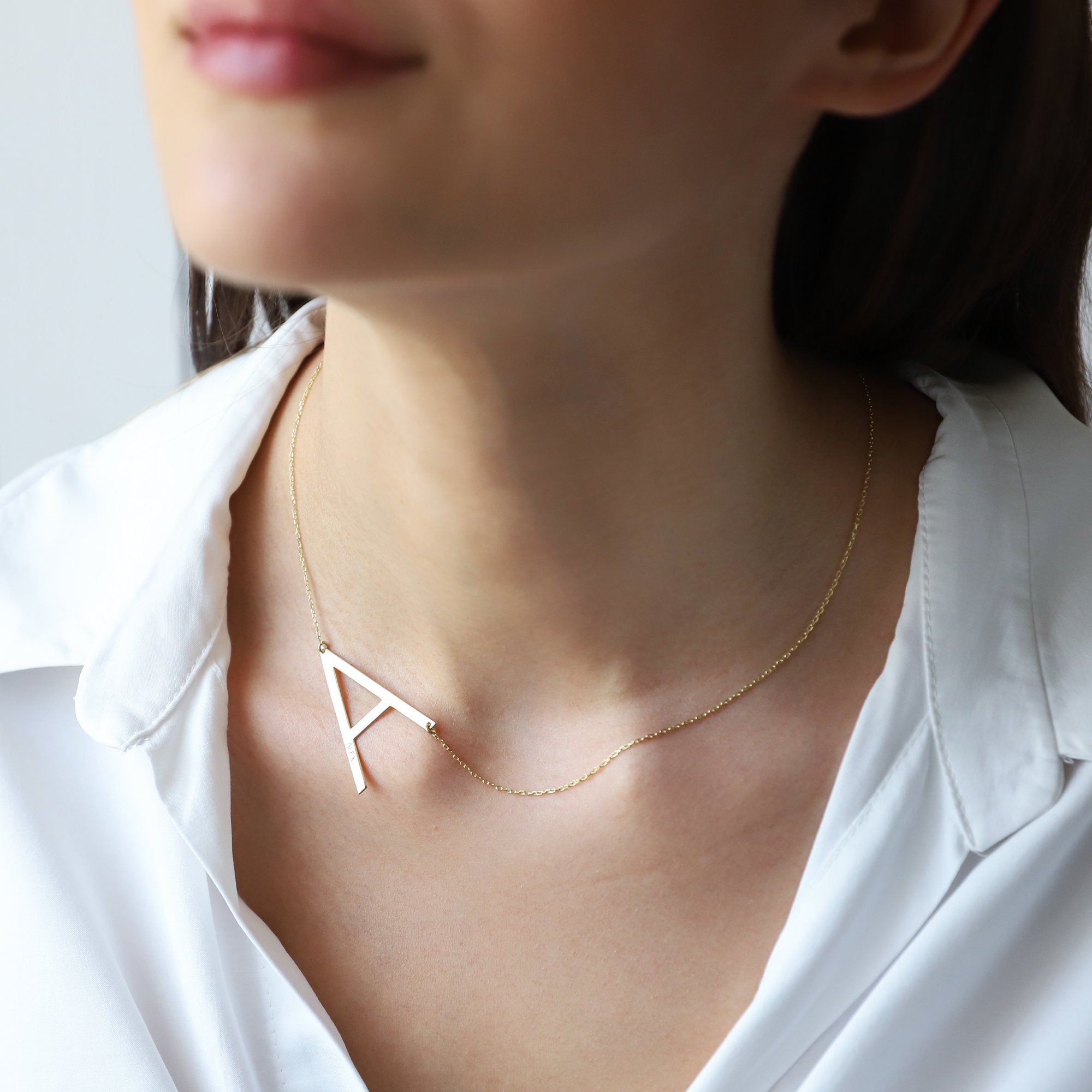 Gold & Grace Sideways 8K Gold Initial Necklace - Personalized Large Letter with Birthstone Charm