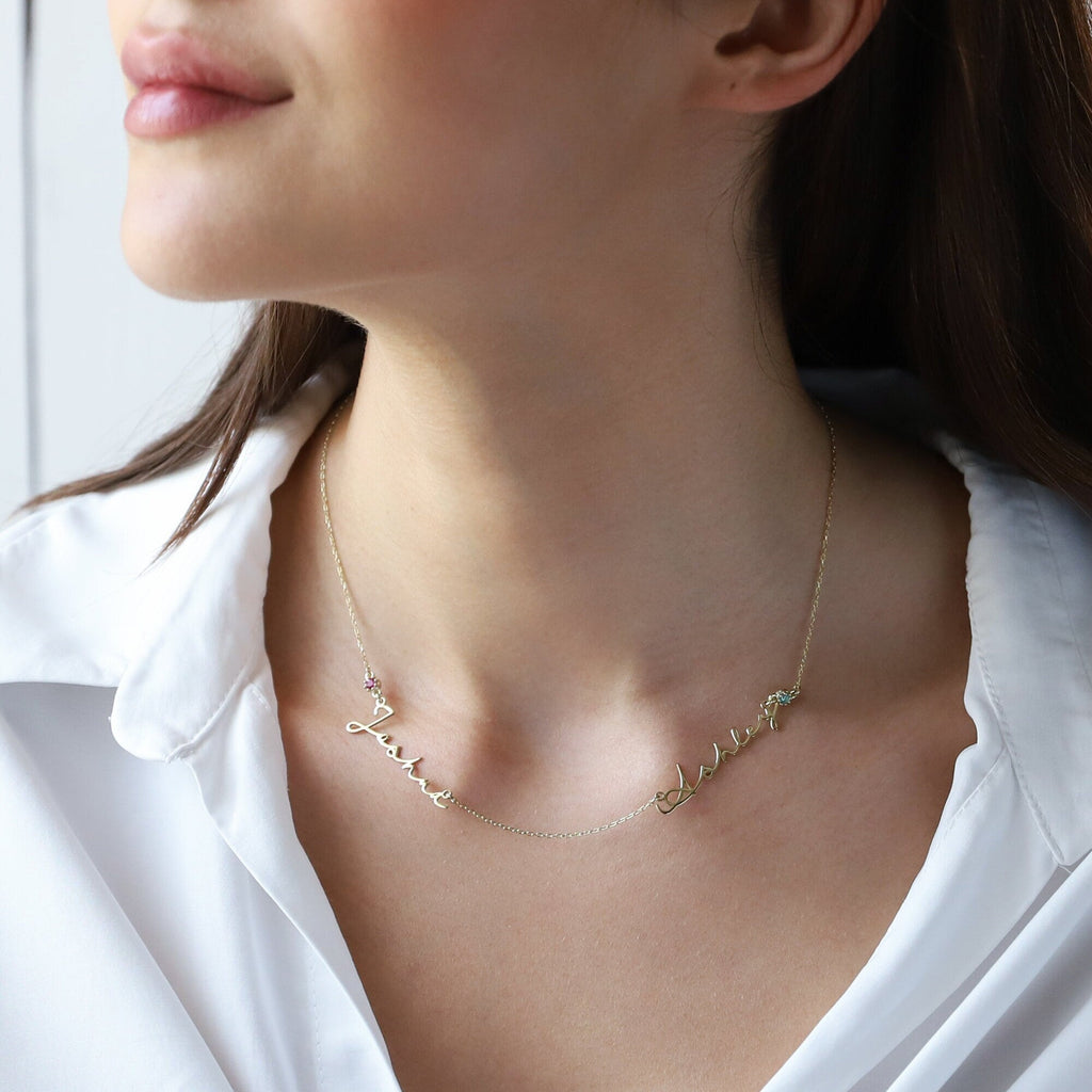 Personalized Two Name Necklace - Gold, Silver, or Rose Gold with Diamonds & Birthstones | Meaningful Jewelry