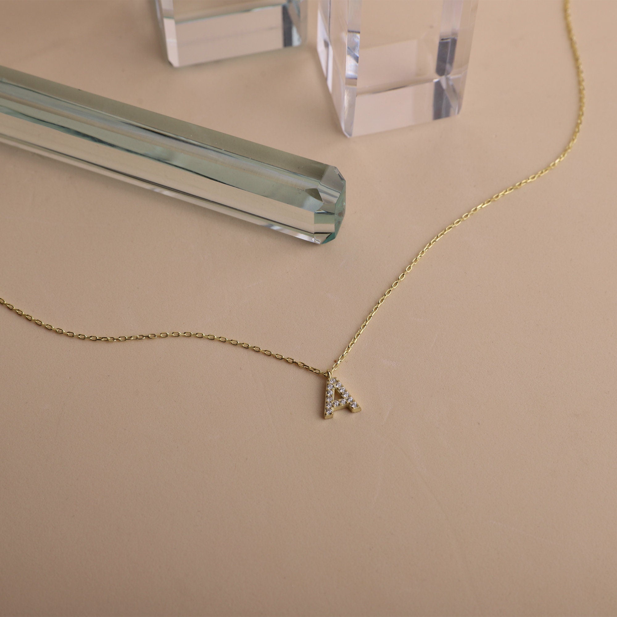 Dainty Initial CZ Diamond Dangle Necklace