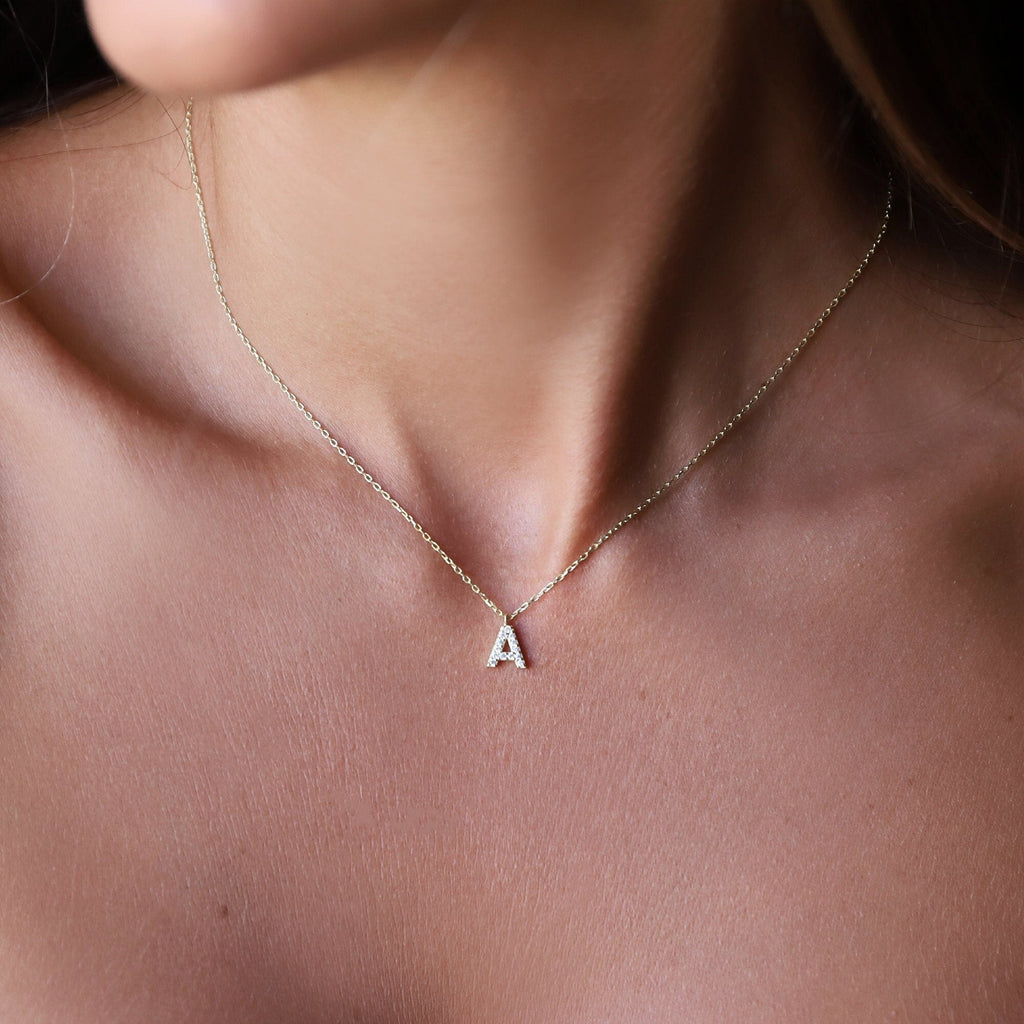 Dainty Initial CZ Diamond Dangle Necklace