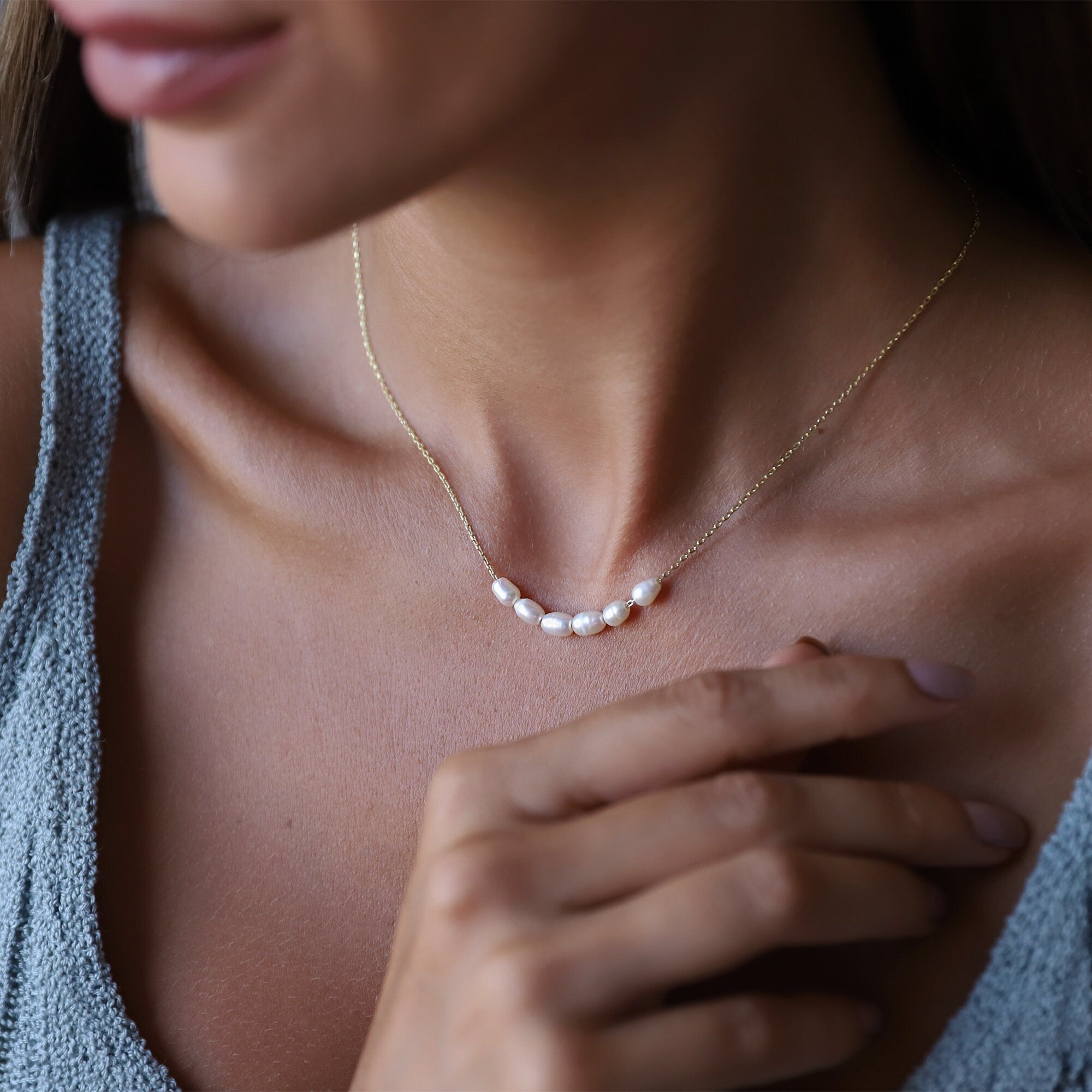 Dainty Pearl Choker Necklace | 6 Oval Freshwater Pearls | Perfect Bridesmaid & Bridal Shower Gift