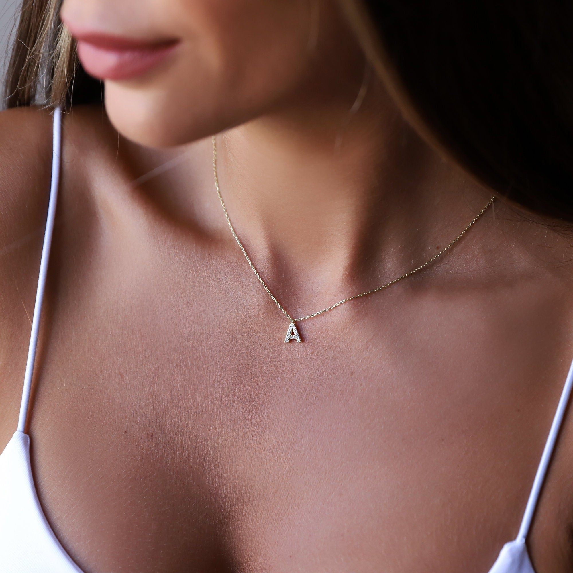 Dainty Initial CZ Diamond Dangle Necklace