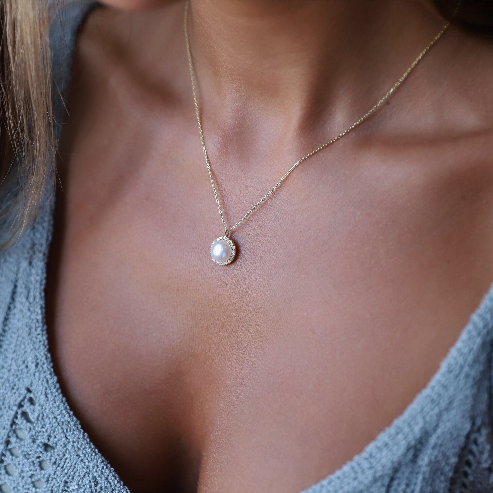 Radiant Pearl & Diamond Necklace - Dainty Freshwater Beauty